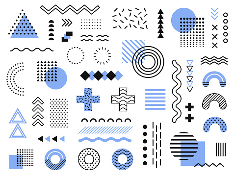 Memphis design elements. Retro funky graphic, 90s trends designs and vintage geometric print illustration element. Constructivism memphis vector isolated symbols collection