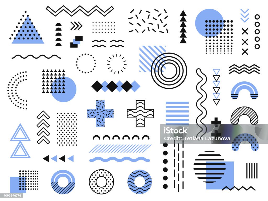 Memphis design elements. Retro funky graphic, 90s trends designs and vintage geometric print illustration element vector collection Memphis design elements. Retro funky graphic, 90s trends designs and vintage geometric print illustration element. Constructivism memphis vector isolated symbols collection Geometric Shape stock vector