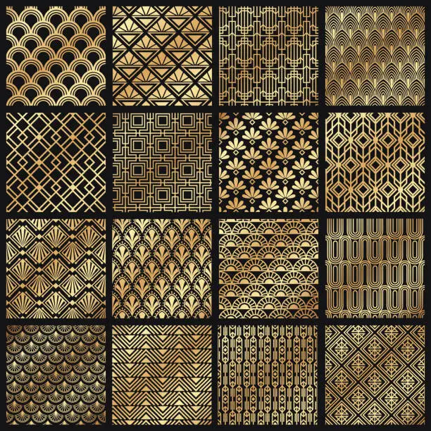 Vector illustration of Art deco patterns. Decorative golden lines, angular line frame and 1920 arts gold pattern vector set