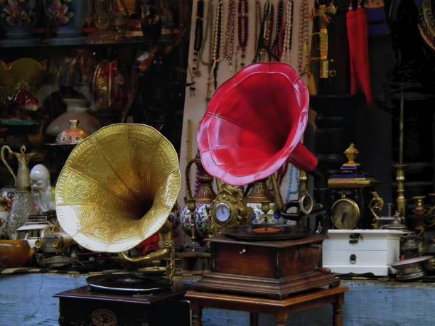 gramophones in antique shop