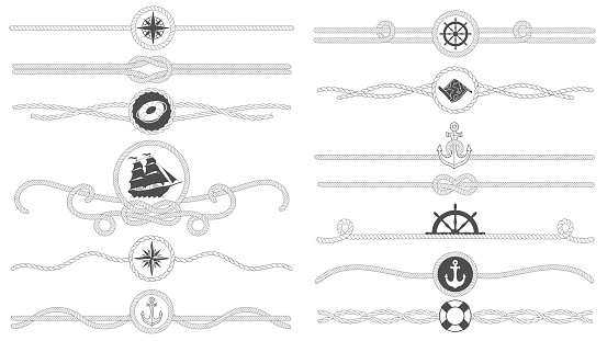Nautical rope border. Nautical tied ropes line, sea ship anchor divider and retro marine decor borders isolated vector set