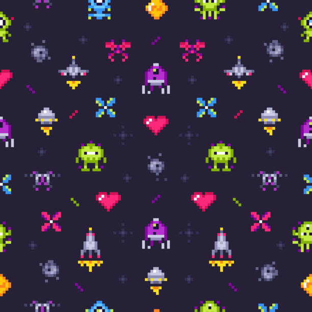 Old games seamless pattern. Retro gaming, pixels video game and pixel art arcade vector background illustration Old games seamless pattern. Retro gaming, pixels video game and pixel art arcade. Robot invader or space invaders pixelation computer game. 8 bit vector background illustration space invaders game stock illustrations