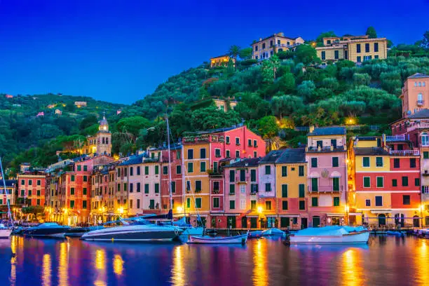 Picturesque fishing village and holiday resort Portofino, in the Metropolitan City of Genoa on the Italian Riviera in Liguria, Italy