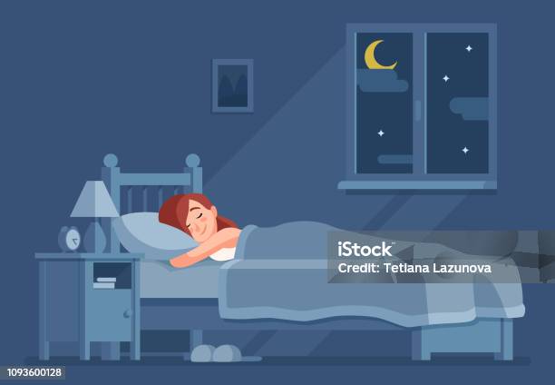 Lady Sleeping At Night Woman Sleep In Bed Under Duvet Cartoon Vector Concept Stock Illustration - Download Image Now
