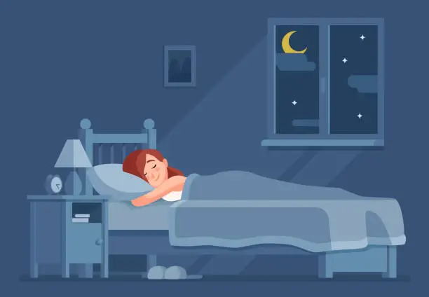 Vector illustration of Lady sleeping at night. Woman sleep in bed under duvet cartoon vector concept