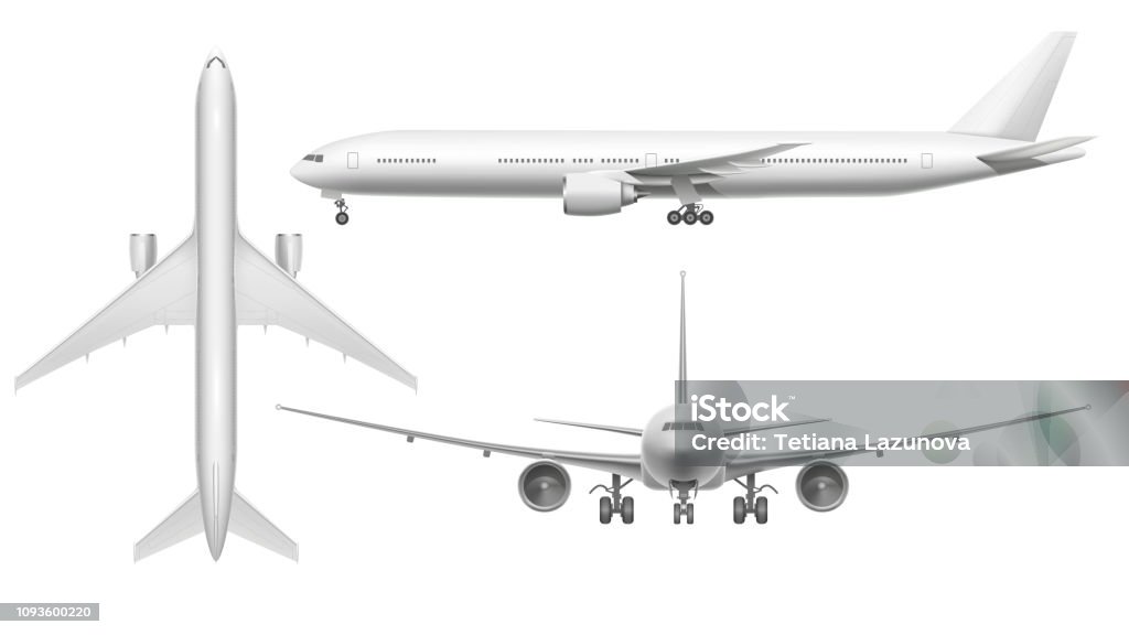 Realistic airplane. Aircraft plane view landing on runway or flying. White 3d airplane isolated illustration Realistic airplane. Aircraft plane view landing on runway or flying. White 3d airplane or air transport jet fuselage front view. Aviation flight isolated illustration icons set Airplane stock vector