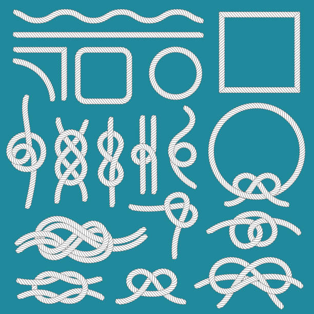 węzeł linowy morski. ramy lin, węzły powrozu i ozdobny rozdzielacz sznurów izolowany zestaw wektorowy - tied knot rope reef knot isolated stock illustrations