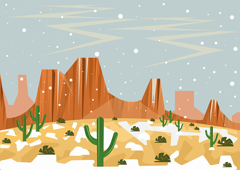 Snowfall in rocky desert with cactus