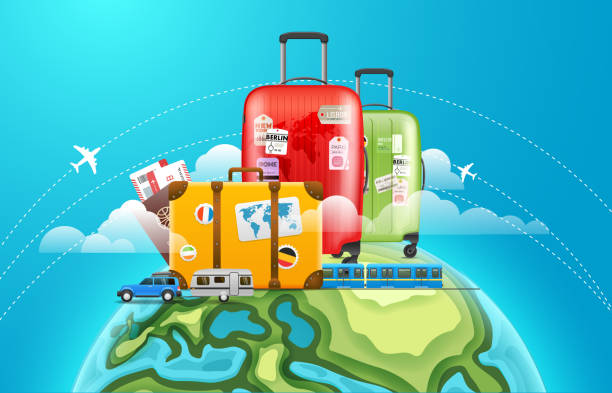 istock Travel baggage on the Earth. World adventure concept. Vector illustration 1093606160