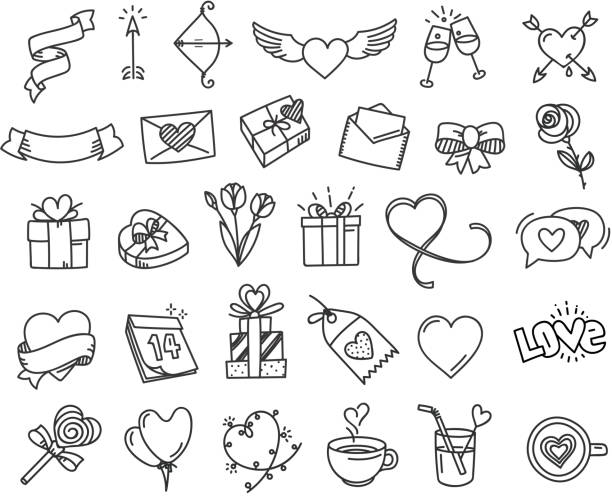 ilustrações, clipart, desenhos animados e ícones de feliz dia dos namorados doodle elementos de estilo. ilustração vetorial - mail correspondence romance passion