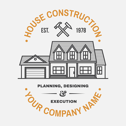 House construction company identity with suburban american house. Vector illustration. Thin line icon, badge, sign for real estate, building and construction company related business.
