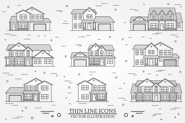 ilustraciones, imágenes clip art, dibujos animados e iconos de stock de conjunto de vector delgada línea icono suburbano americano casas. para web - custom built