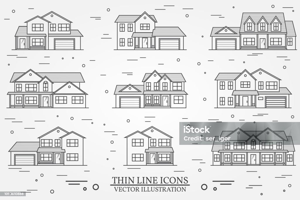 Conjunto de casas americanas suburbanas vetor linha fina ícone. Para web - Vetor de Casa royalty-free