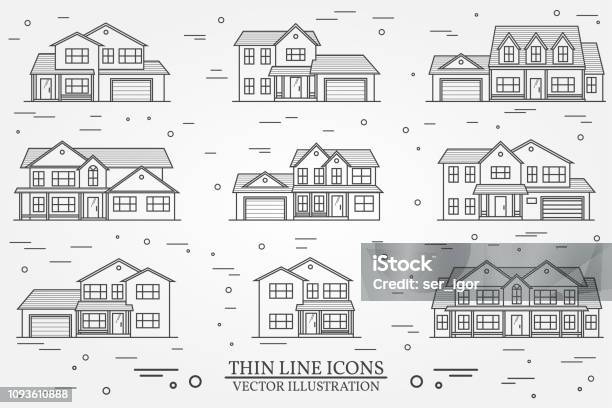 Vetores de Conjunto De Casas Americanas Suburbanas Vetor Linha Fina Ícone Para Web e mais imagens de Casa