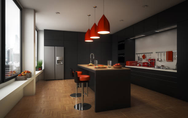 Modern Domestic Kitchen Digitally generated modern domestic kitchen and dining room with parquet floor.

The scene was rendered with photorealistic shaders and lighting in Autodesk® 3ds Max 2016 with V-Ray 3.6 with some post-production added. red kitchen cabinets stock pictures, royalty-free photos & images