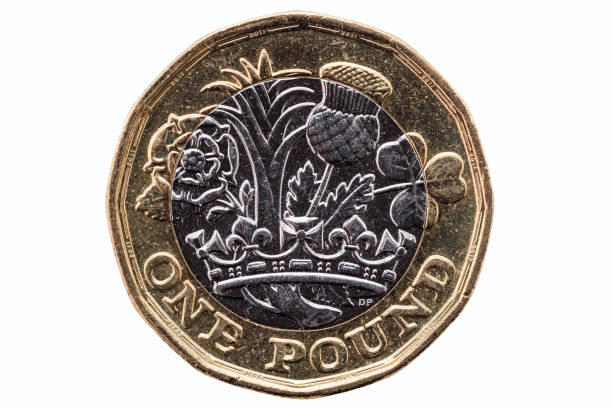 New one pound coin New one pound coin of England UK introduced in 2017 which show emblems of each of the nations cut out and isolated on a white background one pound coin stock pictures, royalty-free photos & images