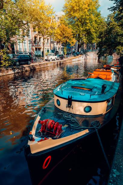 Traditional cruising tour boat moored tied up in one of the famous Amsterdam canals on the beautiful, sunny autumn day. Traditional cruising tour boat moored tied up in one of the famous Amsterdam canals on the beautiful, sunny autumn day. jordaan amsterdam stock pictures, royalty-free photos & images