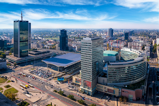 Aerial view of center of Warsaw with Central Railroad Station, Poland