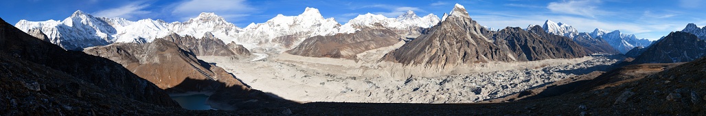 Panoramic evening view from Gokyo valley to Ngozumba glacier and mount Everest and Lhotse, Nepal Himalayas mountains