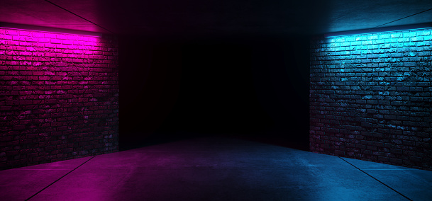 Modern Futuristic Sci Fi Retro Elegant Club Disco Party neon GLowing Purple PInk Blue Grunge Bricks Concrete Room With Glowing Lights Empty Stage Background 3D Rendering Illustration