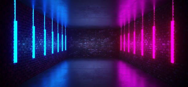 istock Sci Fi Modern Futuristic Retro Club Dance Background Tunnel Corridor Empty Neon Glowing Purple Blue Lights On grunge Reflective Concrete With Brick Wall Background 3D Rendering 1093626962