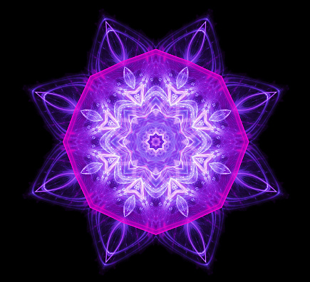 render illustration of a fractal ornament. kaleidoscope purple fantasy pattern. digital art design element.