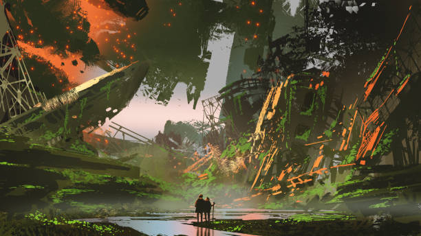 we arrived in overgrown city scenery of hikers trekking a river path in overgrown city, digital art style, illustration painting dystopia concept stock illustrations