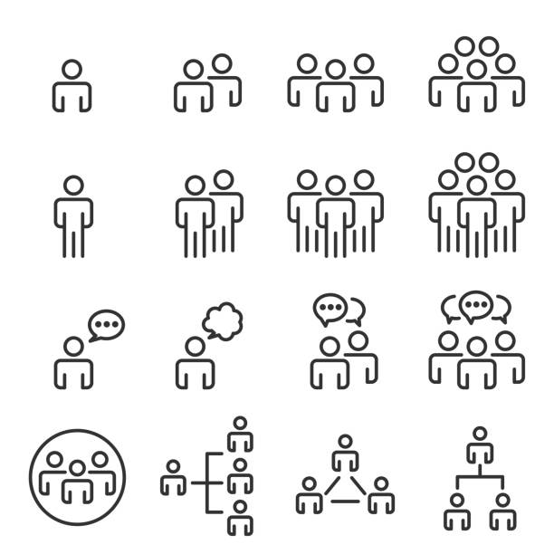 ilustraciones, imágenes clip art, dibujos animados e iconos de stock de grupo de trabajo de línea de los iconos de personas equipo vector - una persona