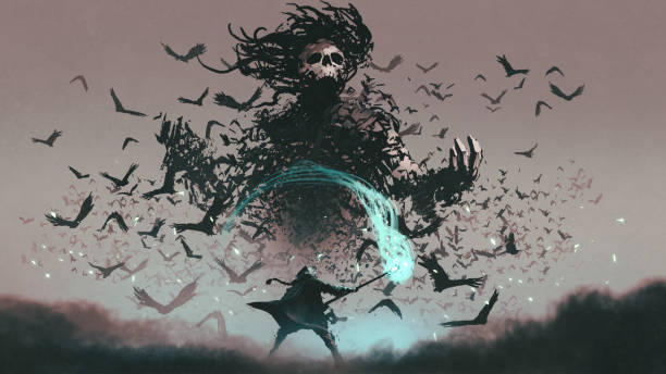 facing the devil of crows fight scene of the man with magic wizard staff and the devil of crows, digital art style, illustration painting raven bird stock illustrations