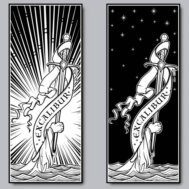 Hand holding a sword emerges from the water. Iconic scene from the Medieval European stories about King Arthur. Set of two engraving style pictures . Hand holding a sword emerges from the water. Iconic scene from the Medieval European stories about King Arthur. Set of two engraving style pictures . EPS10 vector illustration excalibur stock illustrations