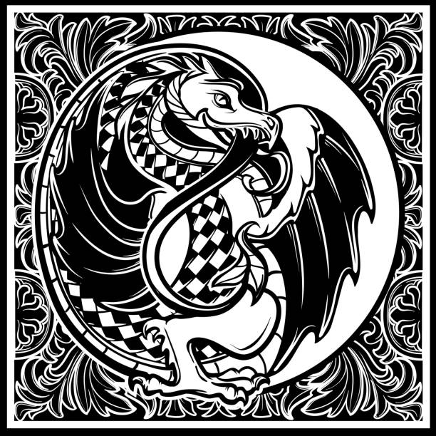 Decorative bird. Medieval gothic style concept art. Decorative dragon. Medieval gothic style concept art. Design element. Black a nd white drawing isolated on grey background. EPS10 vector illustration celtic dragon tattoo stock illustrations
