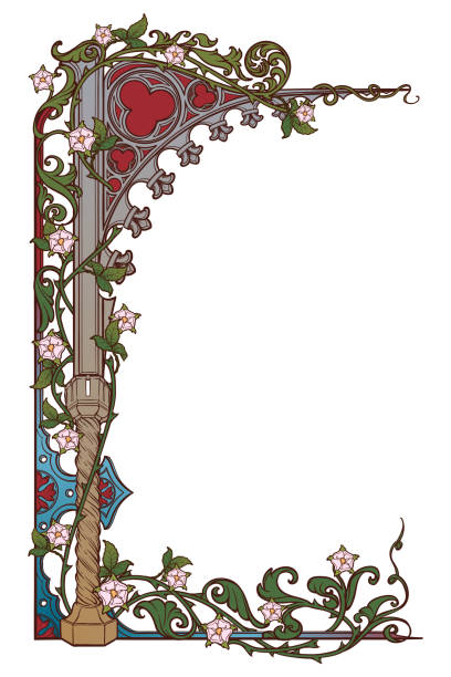 ilustrações de stock, clip art, desenhos animados e ícones de medieval manuscript style rectangular frame. gothic style pointed arch braided with a rose garlands. vertical orientation. - manuscript