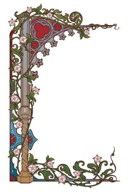 Medieval manuscript style rectangular frame. Gothic style pointed arch braided with a rose garlands. Vertical orientation. Medieval manuscript style rectangular frame. Gothic style pointed arch braided with a rose garlands. Vertical orientation. EPS10 vector illustration medieval stock illustrations
