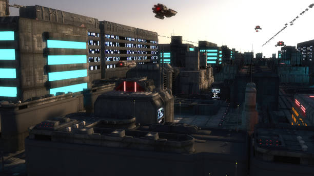 istock 3d rendering. Futuristic city and spaceships 1093637710