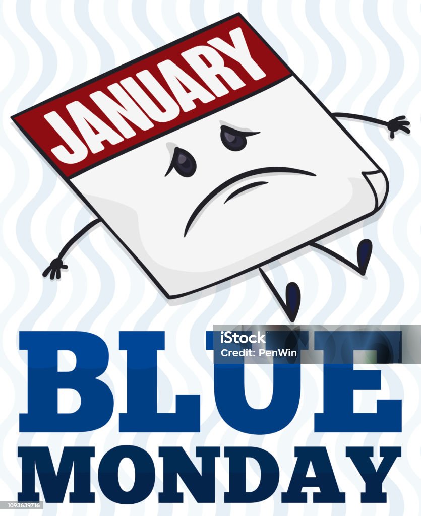 Smutny kalendarz pamiętający o nieszczęśliwym niebieskim poniedziałku - Grafika wektorowa royalty-free (Antropomorficzna twarz)