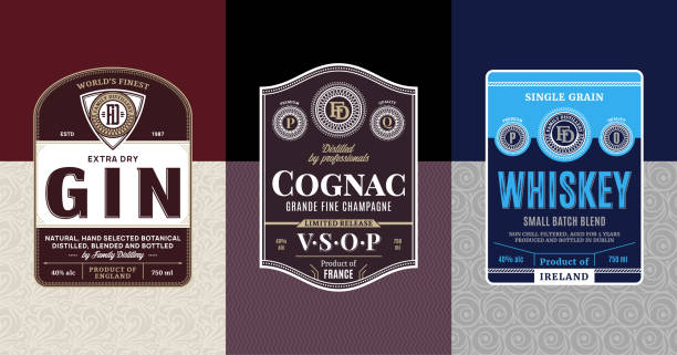 Alcoholic drinks vintage labels Alcoholic drinks vintage labels and packaging design templates. Gin, cognac and whiskey labels. Distilling business branding and identity design elements. cognac stock illustrations