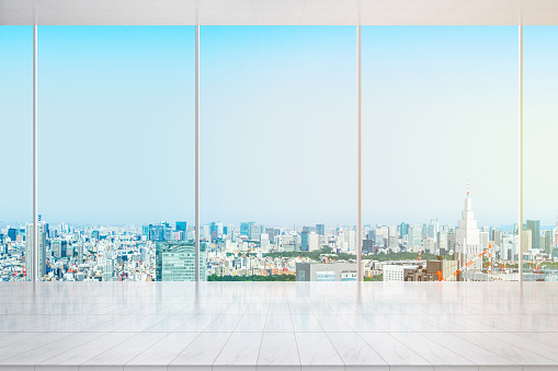 Business and design concept - empty marble ground and window with modern urban skyline aerial view in Shinjuku, Tokyo, Japan, for display or mock up