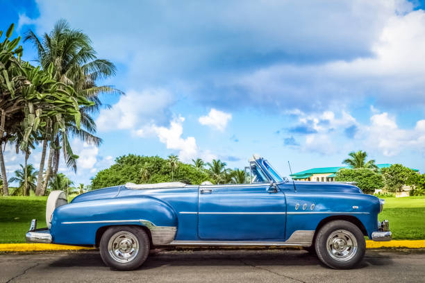 American blue convertible vintage car parked on the golf club in Varadero Cuba - Serie Cuba Reportage stock photo