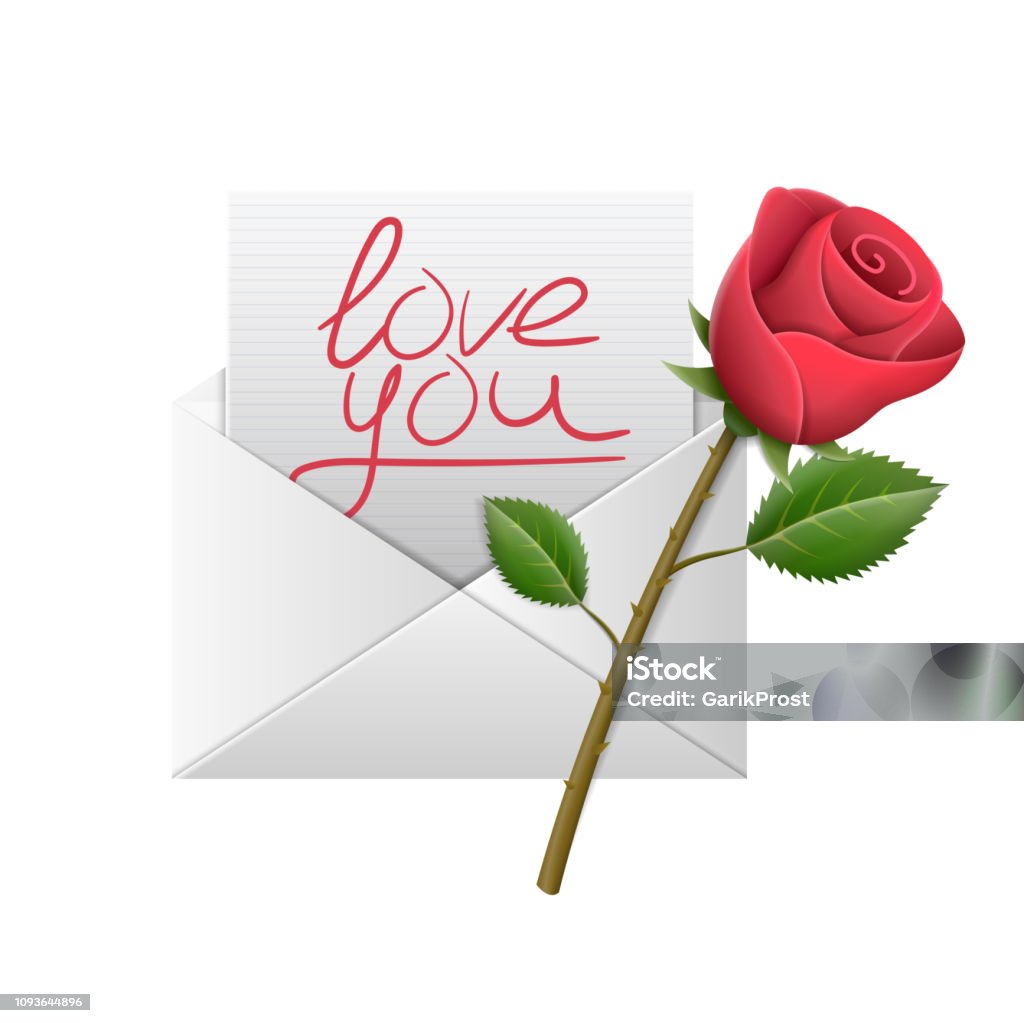Realistic envelope with letter love you and flower rose for valintine day or wedding Beauty stock vector