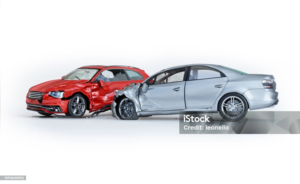 Two cars accident. Crashed cars. One silver sedan against one red coupé. Two cars accident. Crashed cars. One silver sedan against one red coupé. Big damage. Isolated on white background. Viewed from a side. 3d rendering. Car Accident Stock Photo