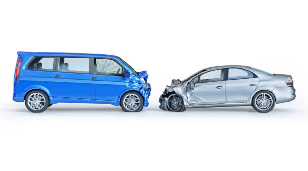 Two cars accident. Crashed cars. A blue van against a silver sedan. stock photo