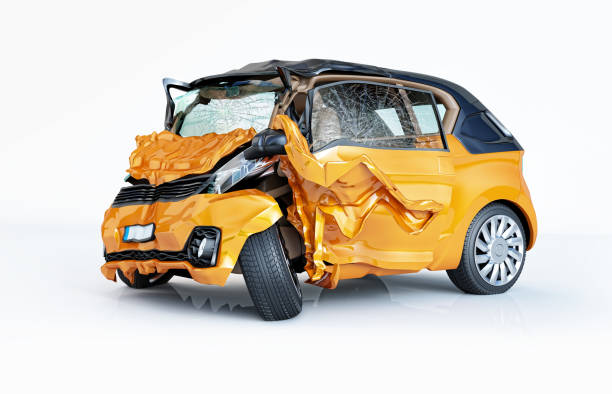 istock Single car crashed. Yellow city car havily damaged on the front part. 1093651062