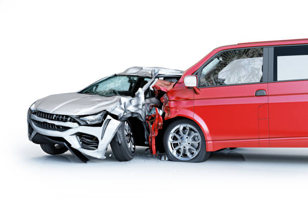 Two cars accident. Crashed cars. A red van against a silver sedan. stock photo
