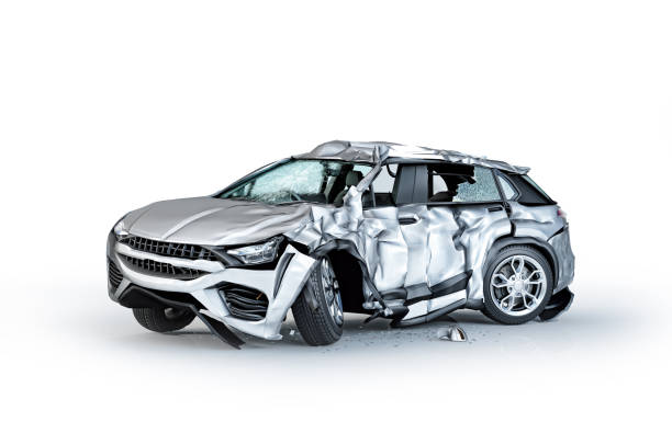 istock Single car crashed. Silver sedan heavily damaged on a side. 1093651426