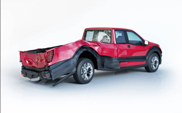 istock Single car crashed. Red pick up damaged on the rear part. 1093651434