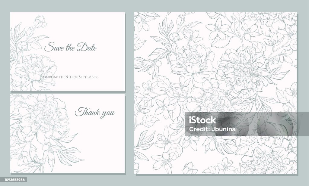 Set card with peony flowers. Wedding invitation card template design, bouquets of  peony  and tulip, vintage style. Card for Valentine's day, Mother's day.
Seamless pattern included. Flower stock vector