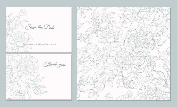 Set card with peony flowers. Wedding invitation card template design, bouquets of  peony  and tulip, vintage style. Card for Valentine's day, Mother's day.
Seamless pattern included. wedding invitation stock illustrations