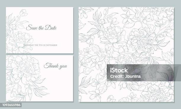 Set Card With Peony Flowers Stock Illustration - Download Image Now - Flower, Pattern, Wedding