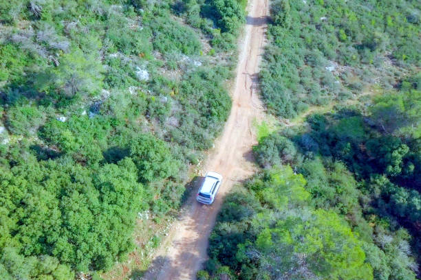 istock Off-Road Vehicle on a green forest road - Top down aerial image 1093658646
