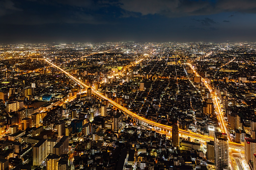 Osaka X Cityscape at Night Aerial View